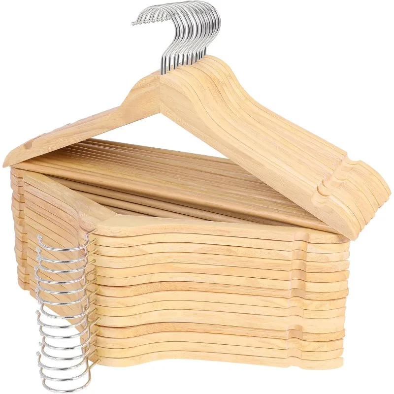 Wooden Hangers 30 Pack, Solid Wood Hangers with 360 Swivel Chrome Hook, Smooth Finish & Precisely Cut Notches, Slim Wooden