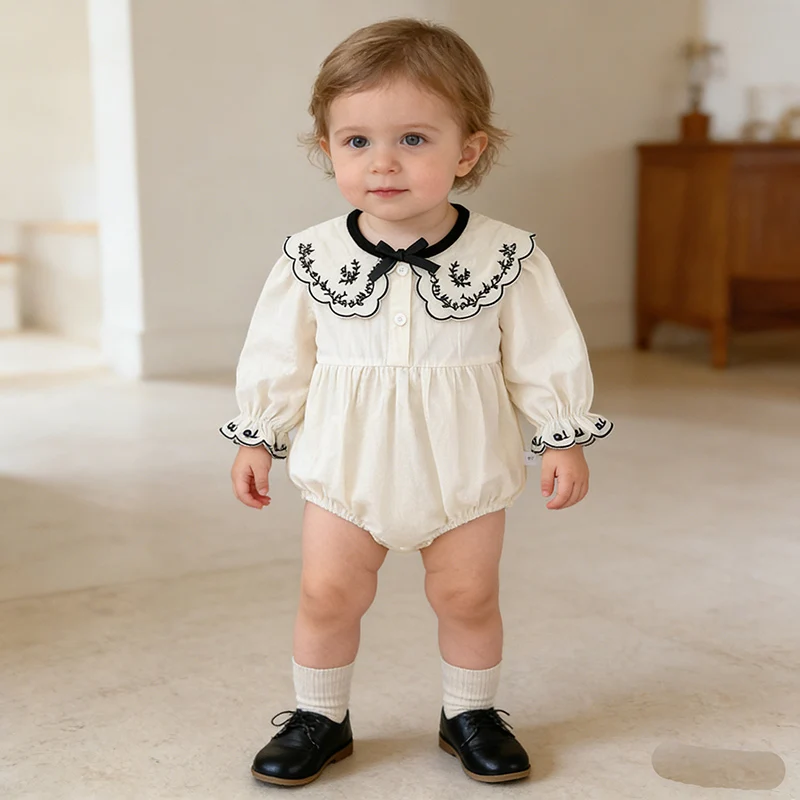 

2026 New Spring 0-24M Children Clothes Newborn Baby Girls Bodysuits Long Sleeved Cotton Embroidery Infant Baby Girls Jumpsuit