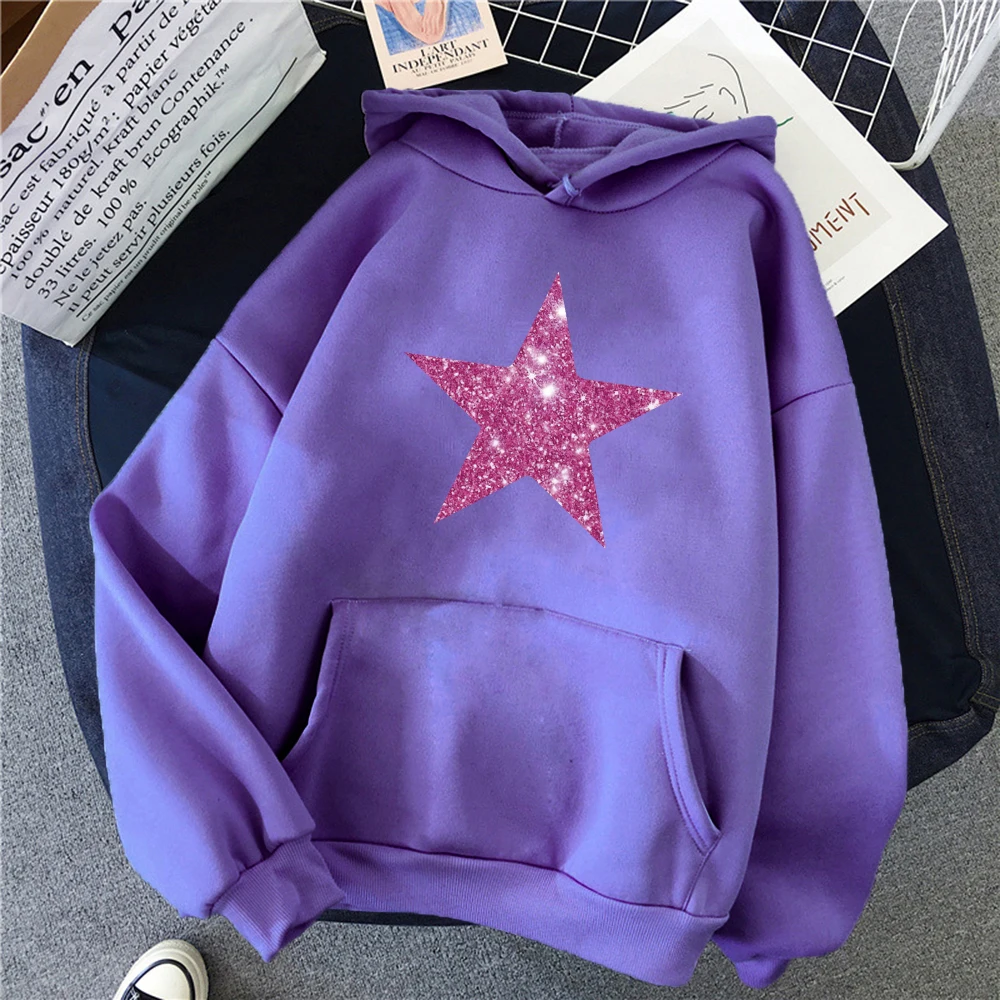 Rosa diamante estampado estrelas impresso feminino hoodies all-match quadrinhos com capuz velo roupas casuais rua hip hop pulôver mulher