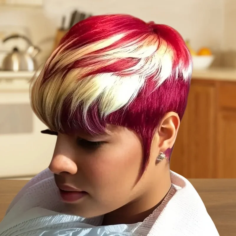 인간의 머리 가발 픽시 컷 가발 하이라이트 짧은 가발 앞머리 인간의 머리 기계로 만든 가발 여성용