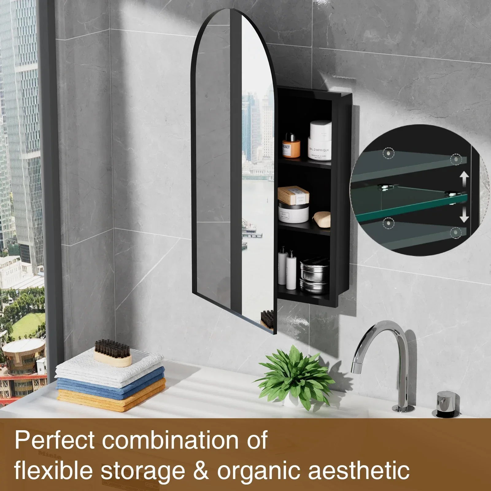 خزانة مرآة حمام مقوسة، قوس منحني، خزانة حمام مثبتة على الحائط، خزانة تخزين جاهزة مجمعة مع رف قابل للتعديل