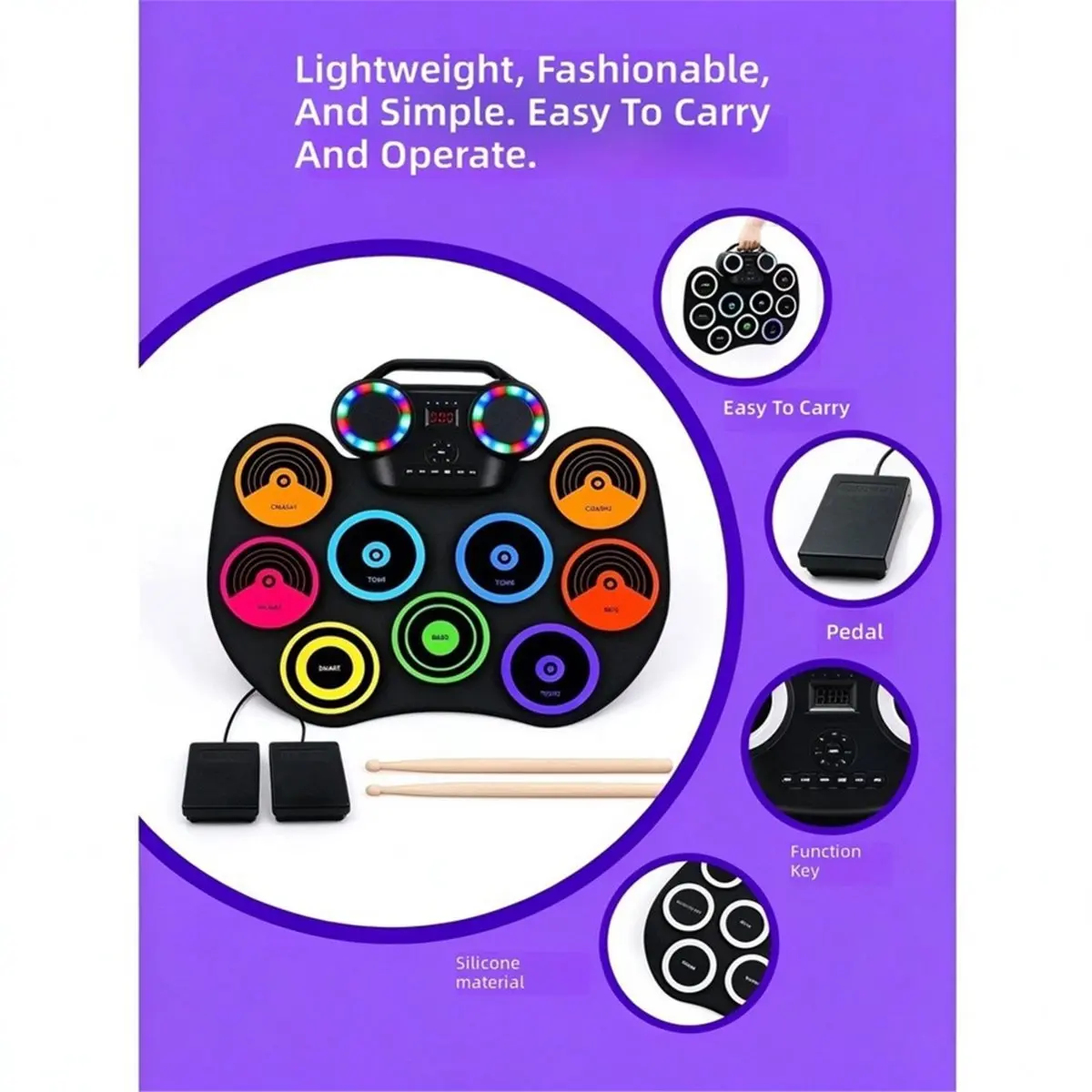 9-Pad Roll-Up Electronic Drum Kit with Dual Foot Pedals Drumsticks for Beginners Kids Adult Drummers