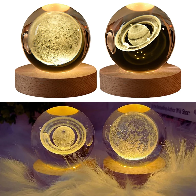 Hot 6cm 3D Crystal Ball USB LED Night Light Bedroom Decoration Atmosphere Lamp 3D Planet Moon Lamp Laser Carving Children's Gift