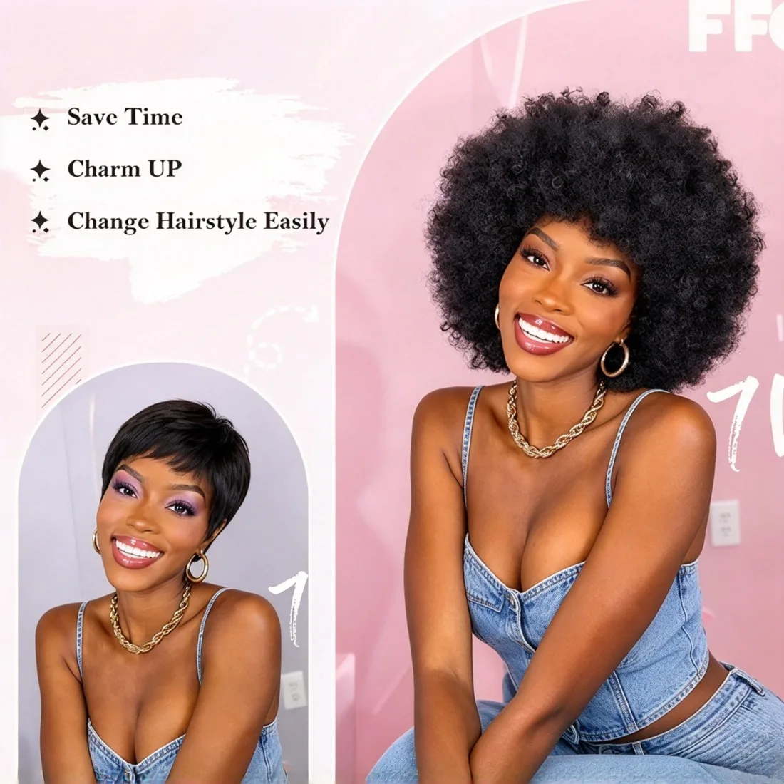 8 Inches Wear and Go Afro Kinky Curly Human Hair Wig With Bangs, Short Pixie Cut Natural Black Wig Adjustable Strap Friendly