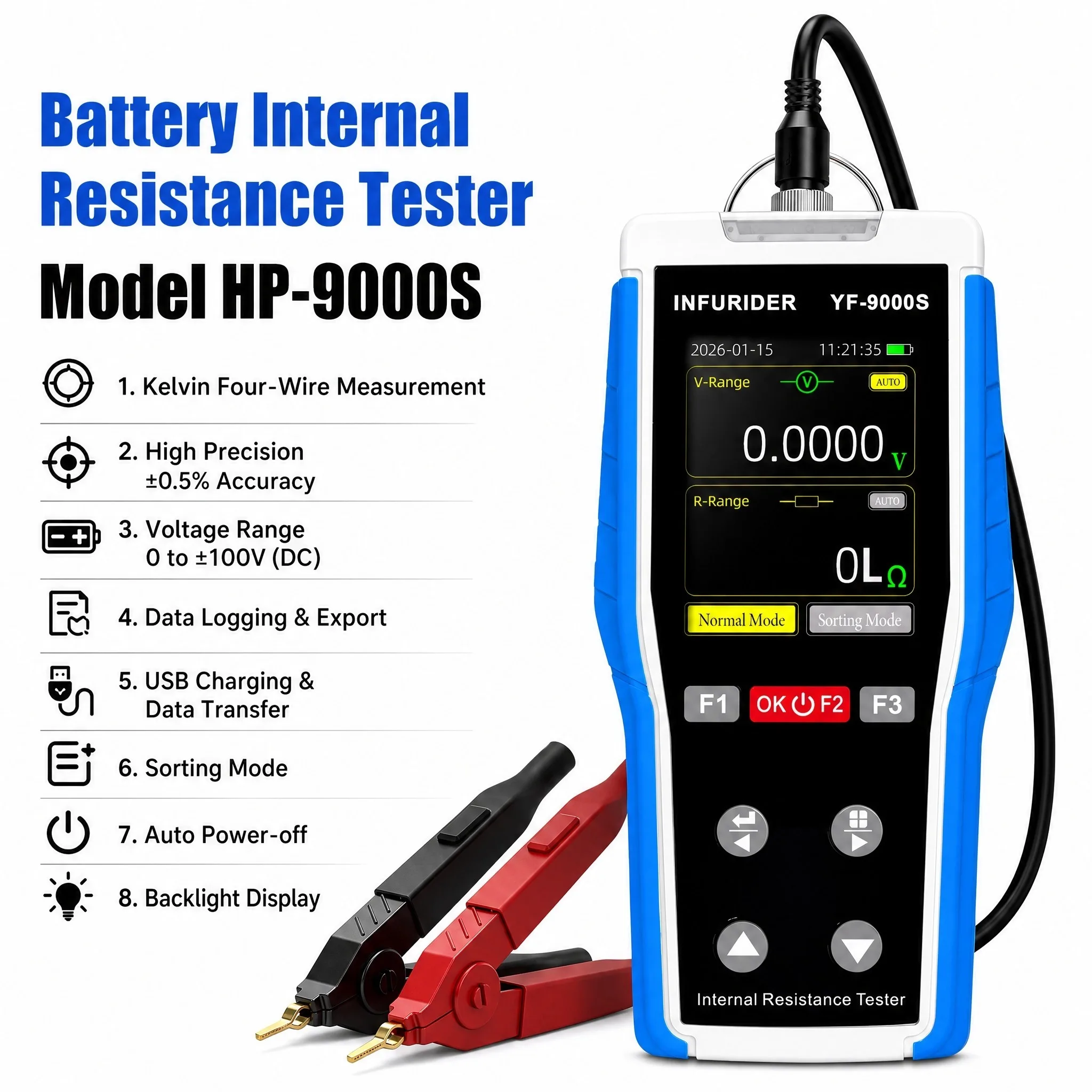 Battery Internal Resistance Tester HoldPeak HP‑9000S 0‑100V 200Ω Sorting Mode Lithium Lead‑Acid Battery Test Analyzer