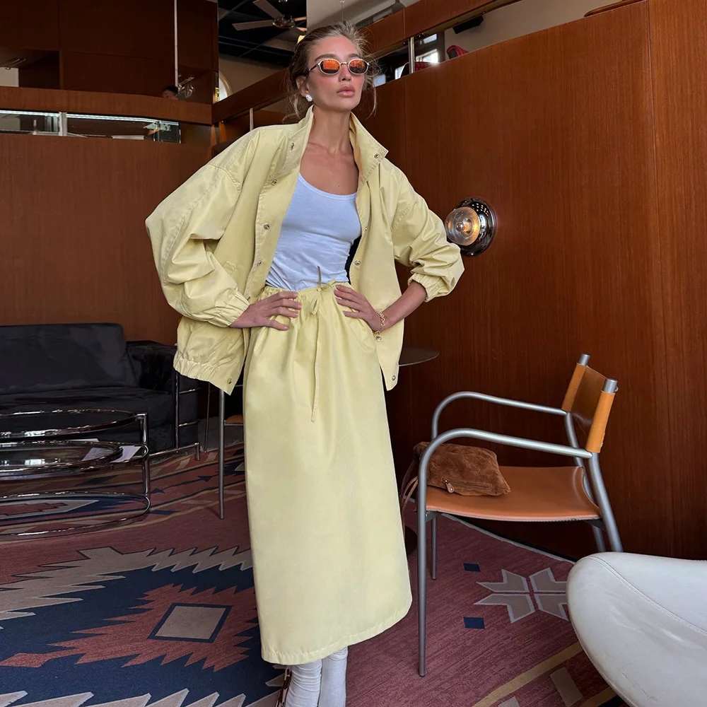 Women Autumn Winter New Workwear Lapel Trench Coat Suit Set Casual Simple Fresh Yellow Jacket Pants 2 Piece Outfit