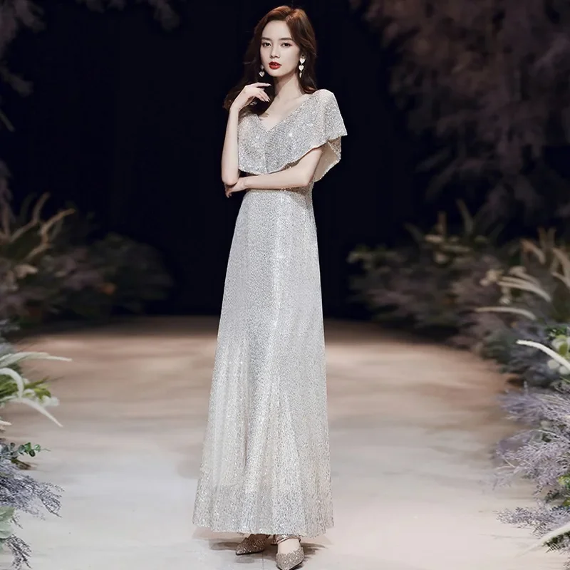 فستان سهرة أنيق مزين بالترتر للنساء ذو إحساس راقي وخفيف الوزن وفاخر وحفلات جمهور صغيرة #3