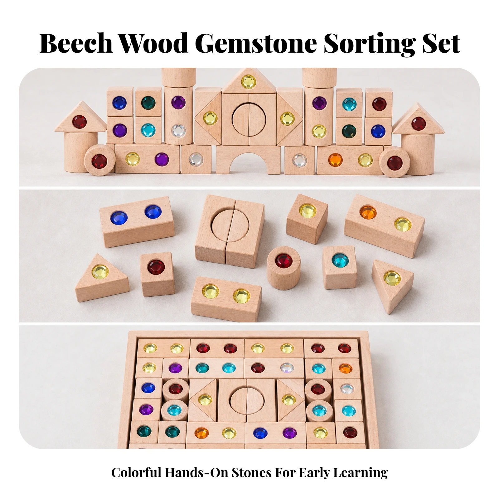50 Pieces Beechwood Building Blocks Educational Building Blocks with Jewel-Like Colored Inserts Toy Tactile Smooth