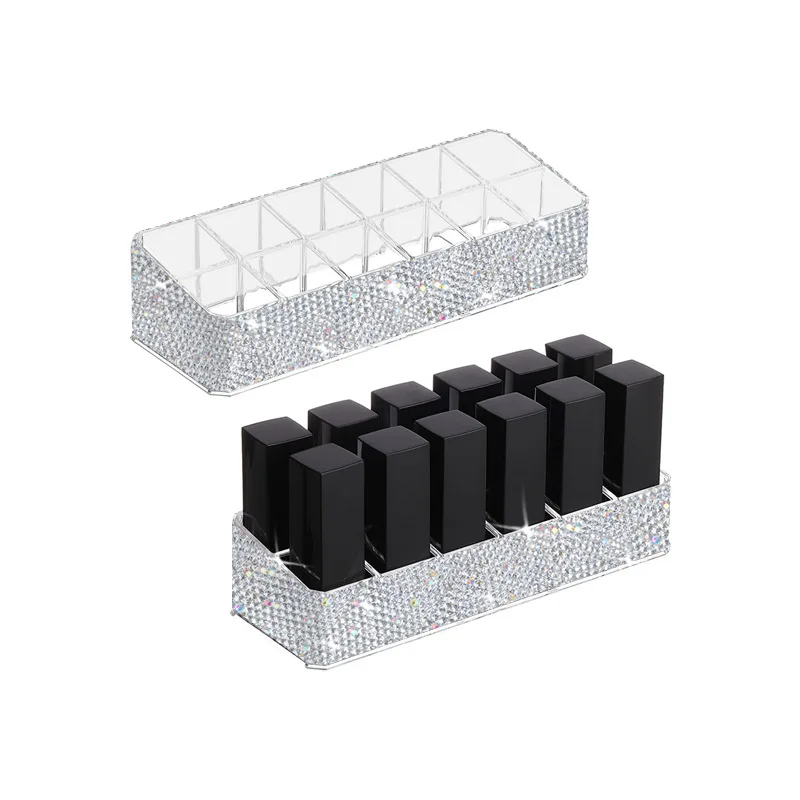 12 Grid Lipstick Storage Box Bling Rhinestone  Acrylic Lipstick Organizer Lip Gloss Container Nail Polish Cosmetic Display Rack