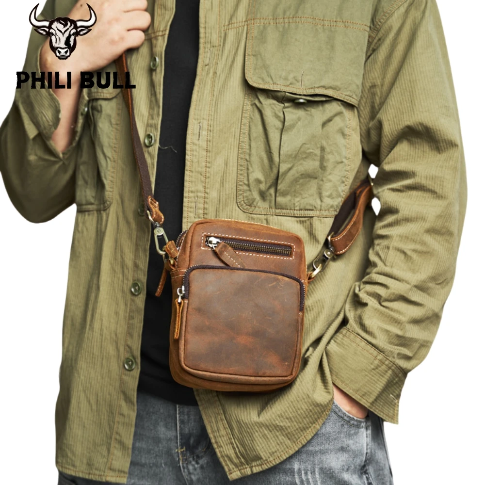 PHILI BULL Genuine Leather Men's Leather Chest Bag Vintage Sling Bag For Men Crossbody Shoulder Bag Casual Small Backpack