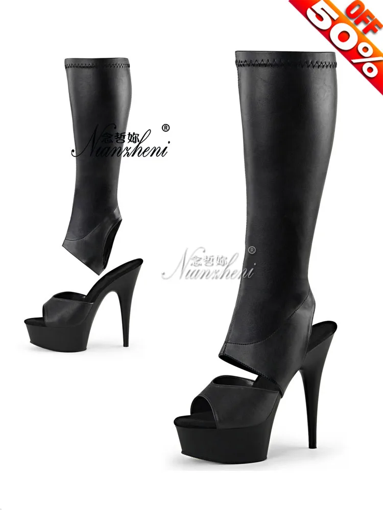 

Pole Dance Hollow 5 Inches Sexy Fetish Two Wear Platform Boots Women Stripper Heels Nightclub Models Show Mature Peep Toe Stage