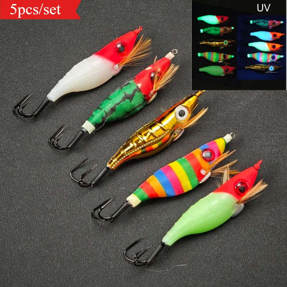 Lot de 5 leurres horizontaux pour calamar à motifs variés, leurres EGI lumineux avec yeux 3D, hameçon triple simple, appât artificiel crevettes