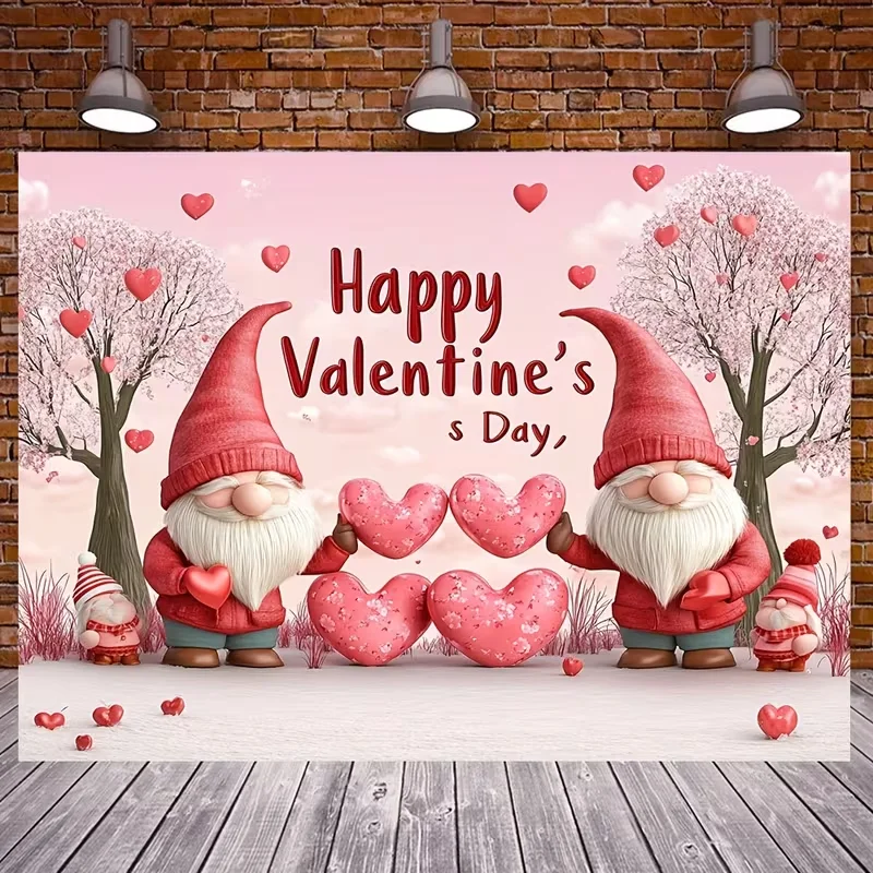 1PCS Digital Print Tapestry, Valentine's Day Gnomes Pink Hearts Cherry Tree, Cute Romantic Cartoon Style for Bedroom Living Room