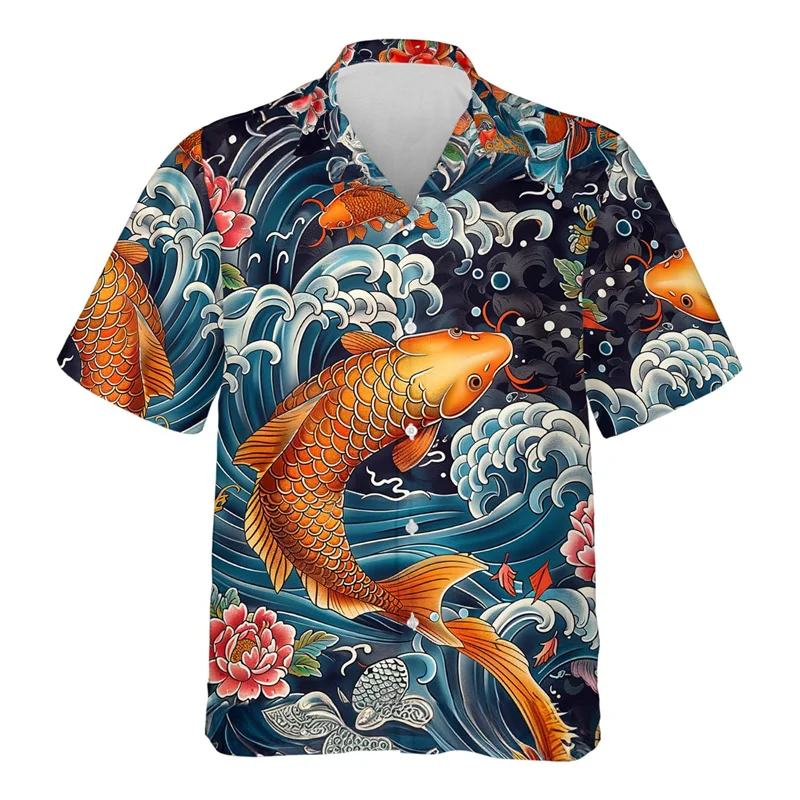 

3D Printed Koi Fish Hawaiian Shirt For Men Good Luck Animal Pattern Blouses Summer Street Aloha Shirts Lapel Tops Short Sleeves