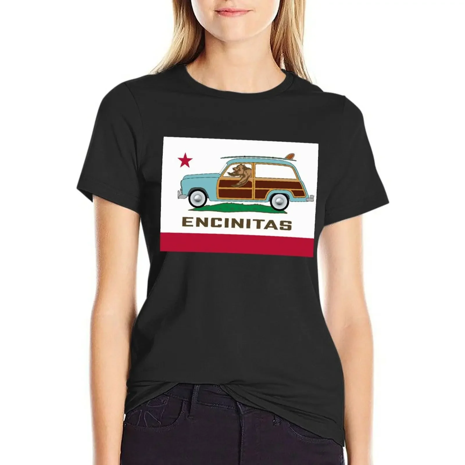 

Encinitas California State Woodie Flag T-Shirt tees korean fashion animal print workout shirts for Women