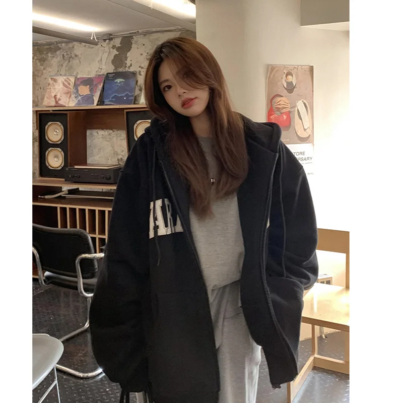 Womens Clothing Vintage Street Sweatshirt Y2K Cardigan Zipper Hoodie Long Sleeves Casual Warm Oversize Baggy Ladies Tops Autumn