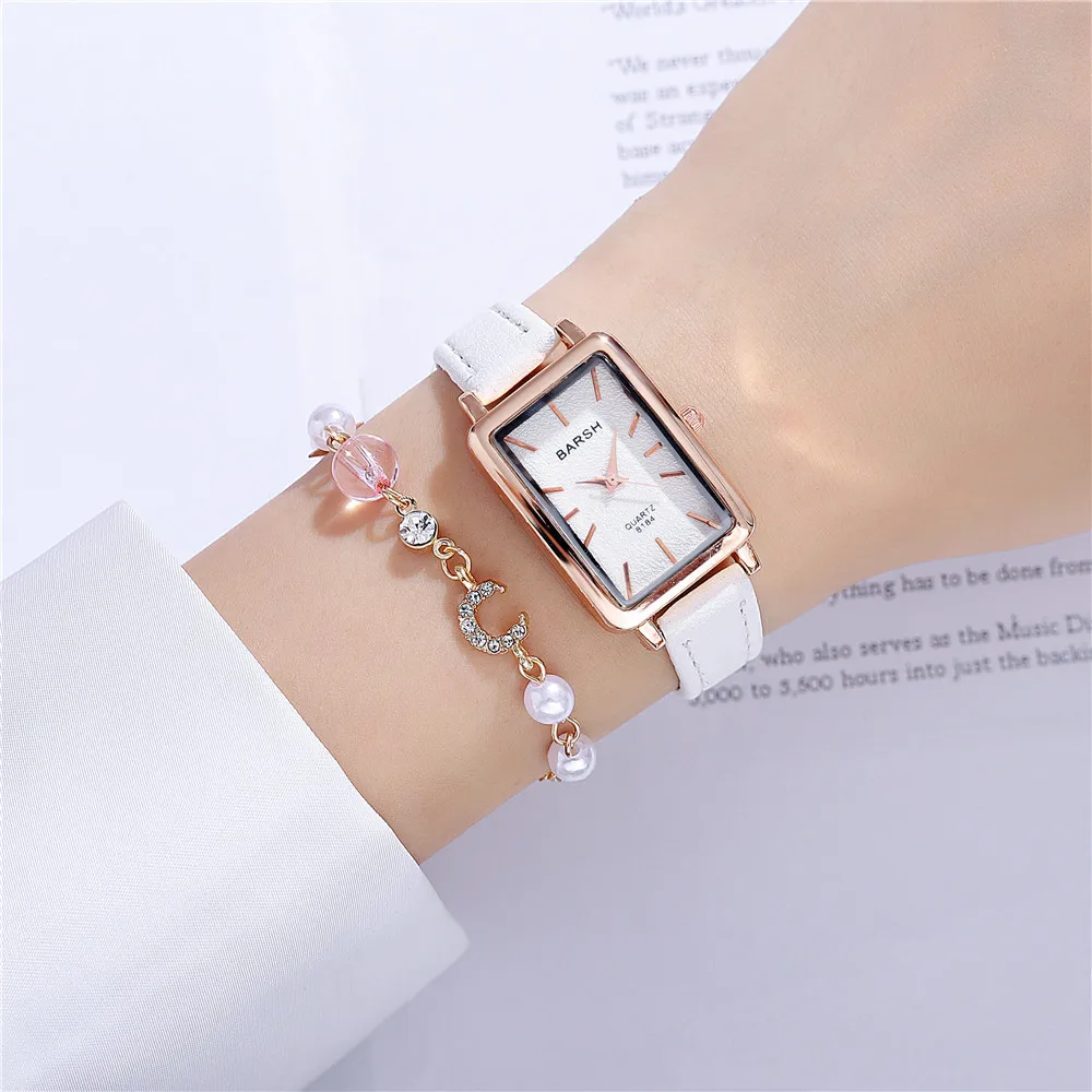 2pcs/set fashion rectangle dial quartz women leather watch