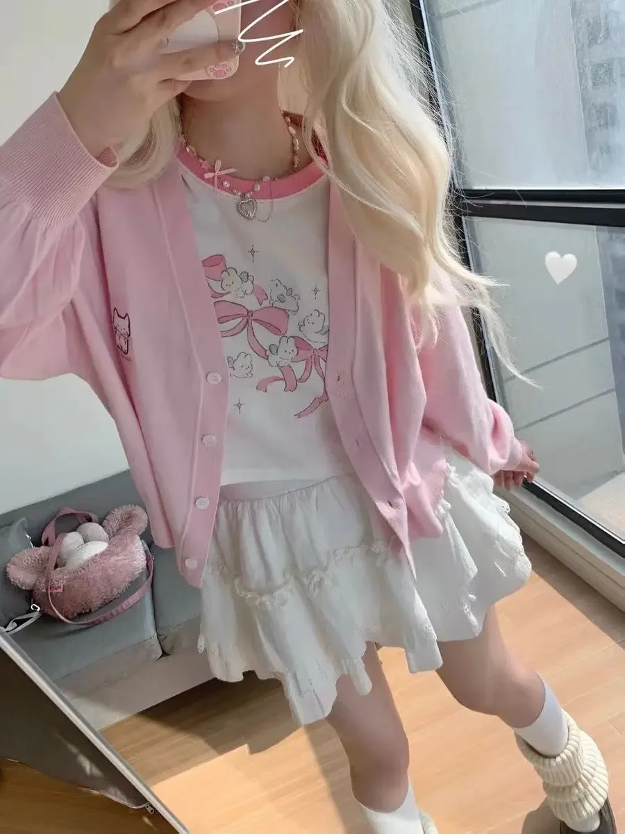 Kawaii Y2k coniglio fiocco rosa t-shirt donna stile giapponese dolce cartone animato manica corta Tees Fashion Chic Harajuku carino o-collo top