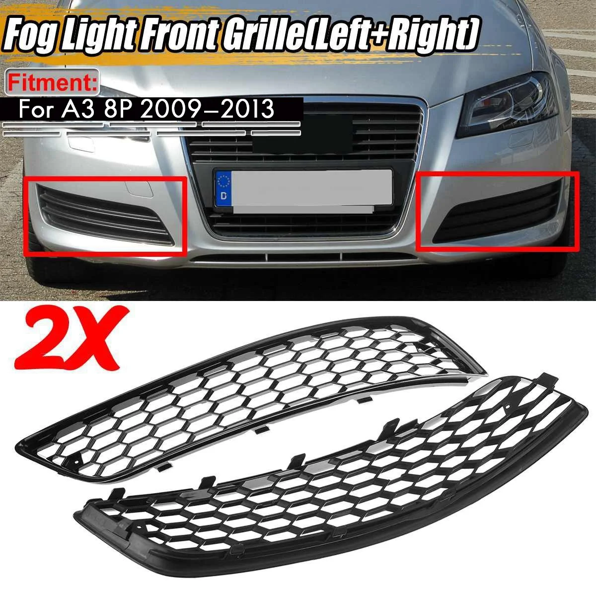 2PCS Car Front Bumper Fog Light Mesh Grille for Audi A3 8P 2009-2013 8P0807682D Fog Lamp Honeycomb Grille Covers