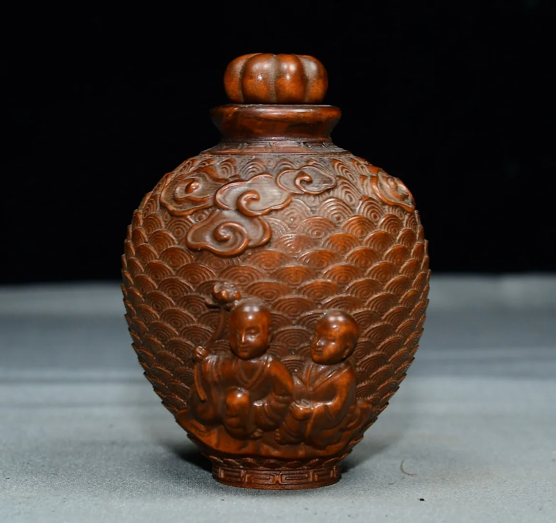 

3-дюймовая статуэтка ребенка из старинного боксвуда, рельефная, в стиле «Детское восторг», в форме табакерки, для декора кабинета, украшение для накопления богатства.