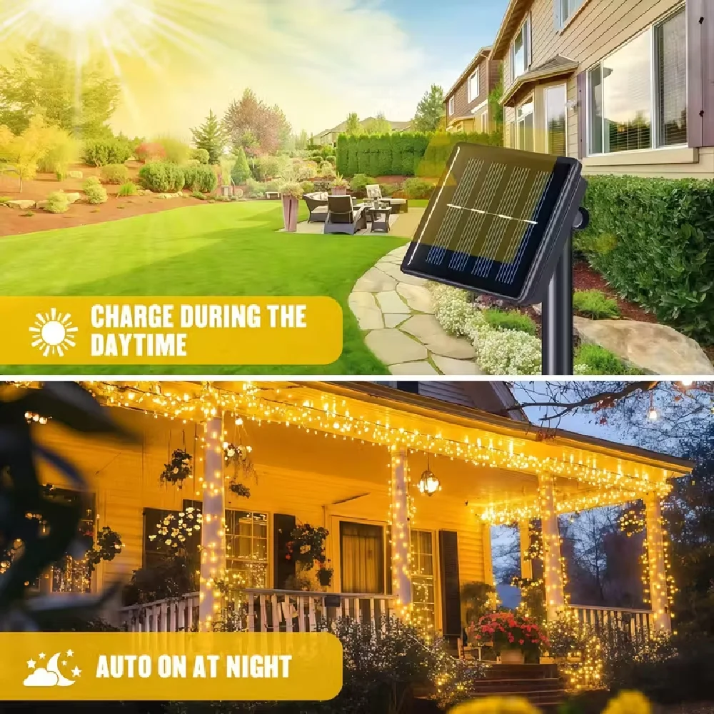 Outdoor Christmas Decoration Solar-Powered Icicle Lights with 97/163/217 Leds for Eaves Wedding Holiday Decorative Lighting