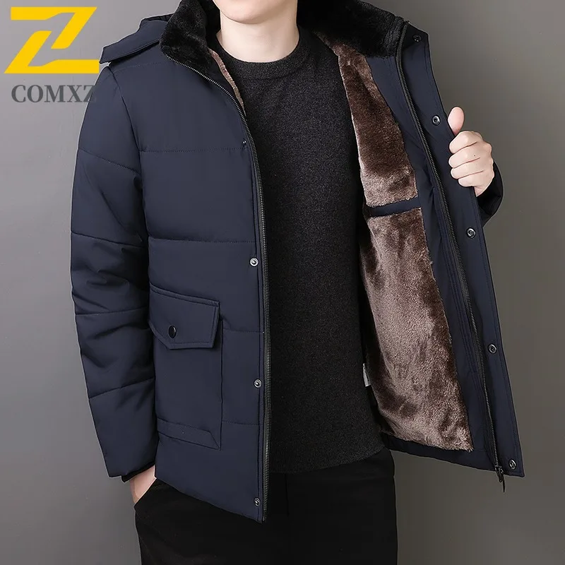 COMXZ 2025 Men New Fleece Lined Thickened Mid Length Coat Youth Winter Thermal Waterproof Windproof outdoor sports Padded Jacket
