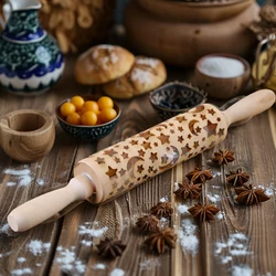 1pc 13.7in Moon and star Wooden Embossed Rolling Pin For Eid al-Adha Ramadan Baking Tools Deep Engraving Cookies Stamp Tool