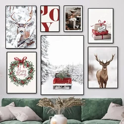 Winter Snow Pine Tree Deer Car Landscape Picture Canvas Painting Nordic Wall Art Christmas Poster Prints Home Decor Frameless