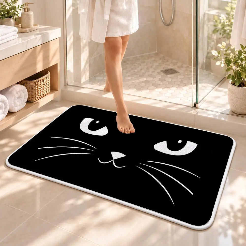 Mysterious Black Cat Eyes Floor Mat Flannel Rug Soft Non Slip Washable Door Mat for Bathroom Bedroom Kitchen Home Decor