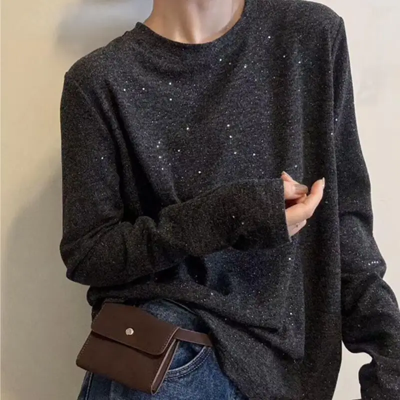 Temperament Women's Round Neck Long Sleeve T-Shirt Spring and Autumn Loose Versatile New Base Shirt Skin Friendly Soft Topss