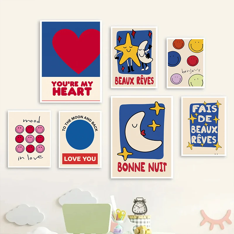 Cute Cartoon Smile Face Wall Art Prints Colorful Quote Poster Abstract Canvas Posters for Kids Nursery Bedroom Wall Home Decor