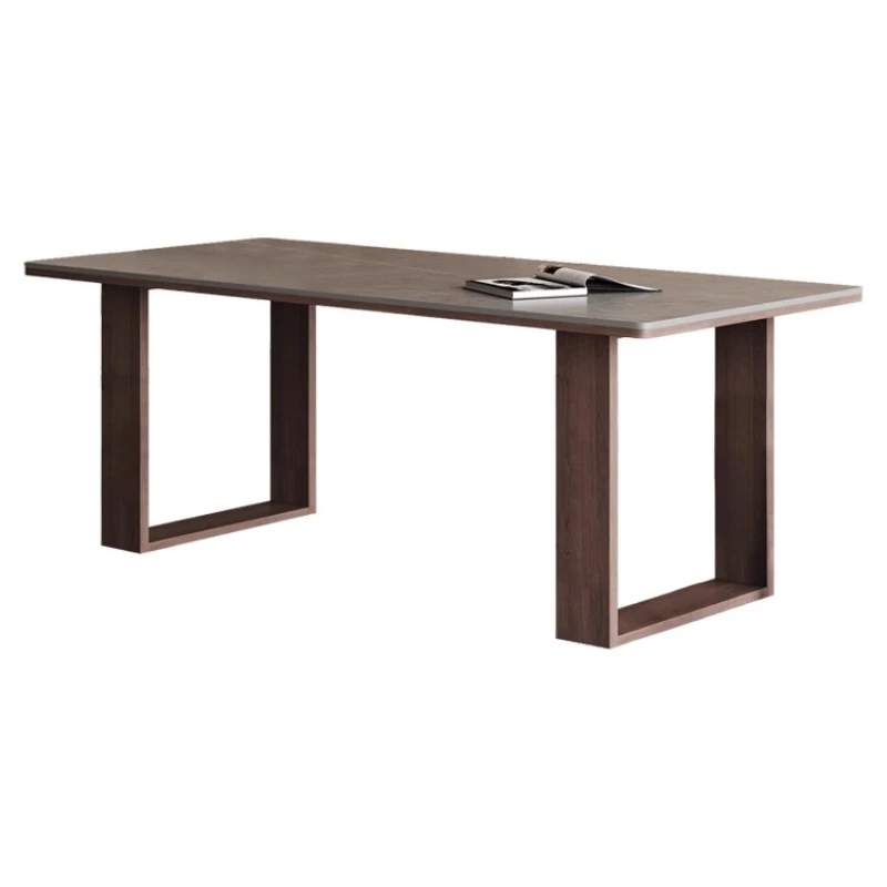 

Solid wood rock slab dining table modern simple imported ash wood solid wood legs rectangular matt gray rock slab dining table