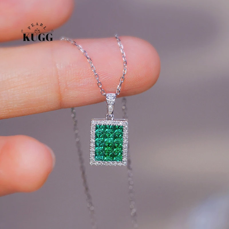 KUGG 18K White Gold Necklace Fashion Abacus Shape Elegant Style Shiny Diamond Natural Emerald Necklace for Women Party Jewelry