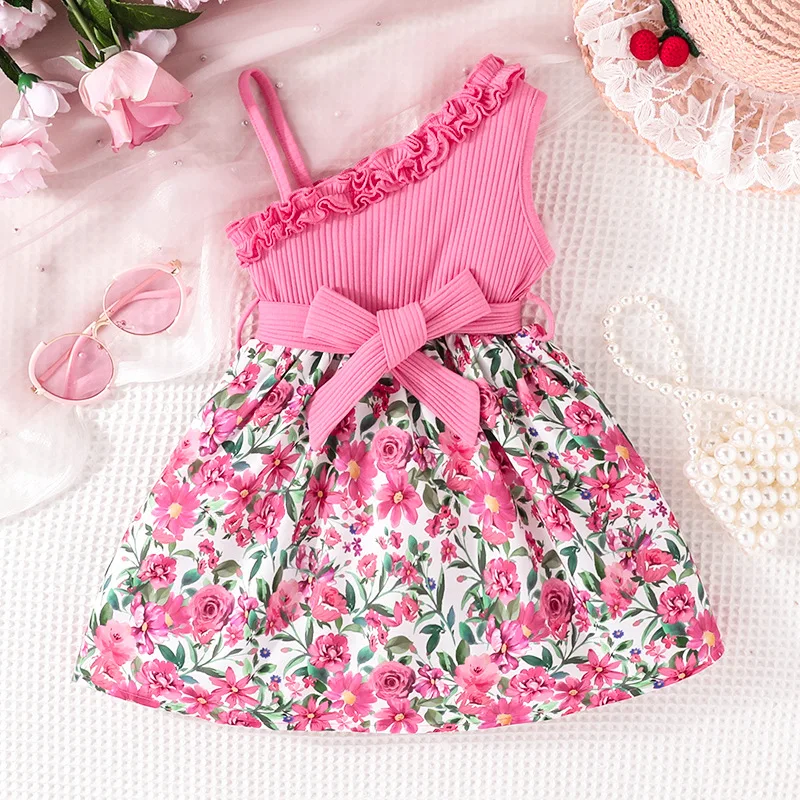 

Summer Dress For Girls Suspender Dress Ruffles Floral Off Shoulder Sleeveless Kids Flower Print Princess Dresses For Baby Girl