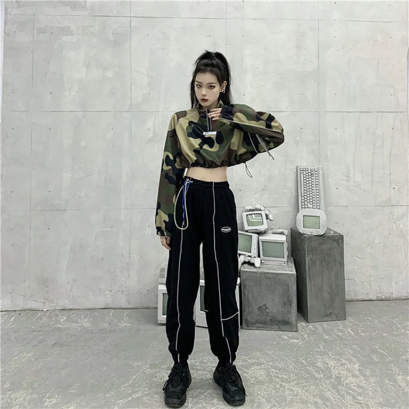 Hikigawa Chic Fashion Women Harajuku All Match Camouflage Pullover Sweatshirts Streetwear Casual Y2k Outerwear Crop Tops Mujer