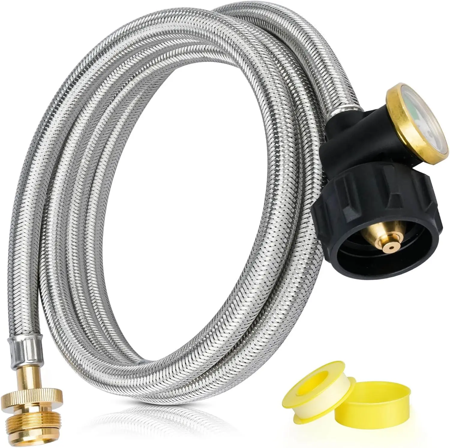 

6 FT Propane Hose Adapter 1lb to 20lb Converter with Gauge, Stainless Steel Braided Buddy Heater Propane Hose Compatible with