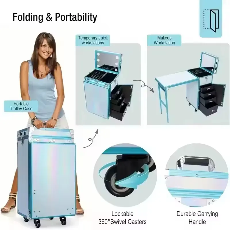 Rolling Manicure Table Foldable Nail Table Makeup Train Case Trolley Travel Storage Organizer with 4 Drawers Mirror & Speaker