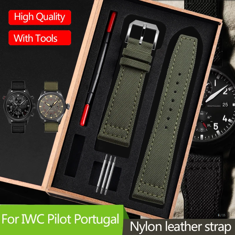 20mm 21mm 22mm Nylon + Leather Bottom Watchband For IWC Pilot Seiko Citizen BM7140 Waterproof Canvas Bracelet Strap Green Black image 2