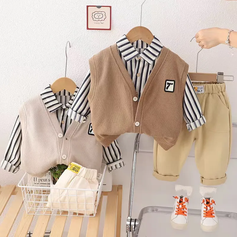 

Kid Cute Tracksuit Spring Autumn Fashion Striped Shirts + Vest + Pants Toddler Boys and Girls Outfit Set Children Infant Clothes