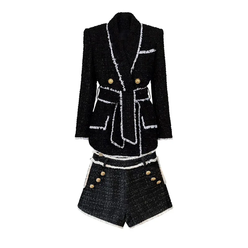 2024 New Chic Two-piece Set High-end Women's Tweed Waist-tight Long-sleeve Contrast Color Women's Lace-up Suit Jacket Shorts Set