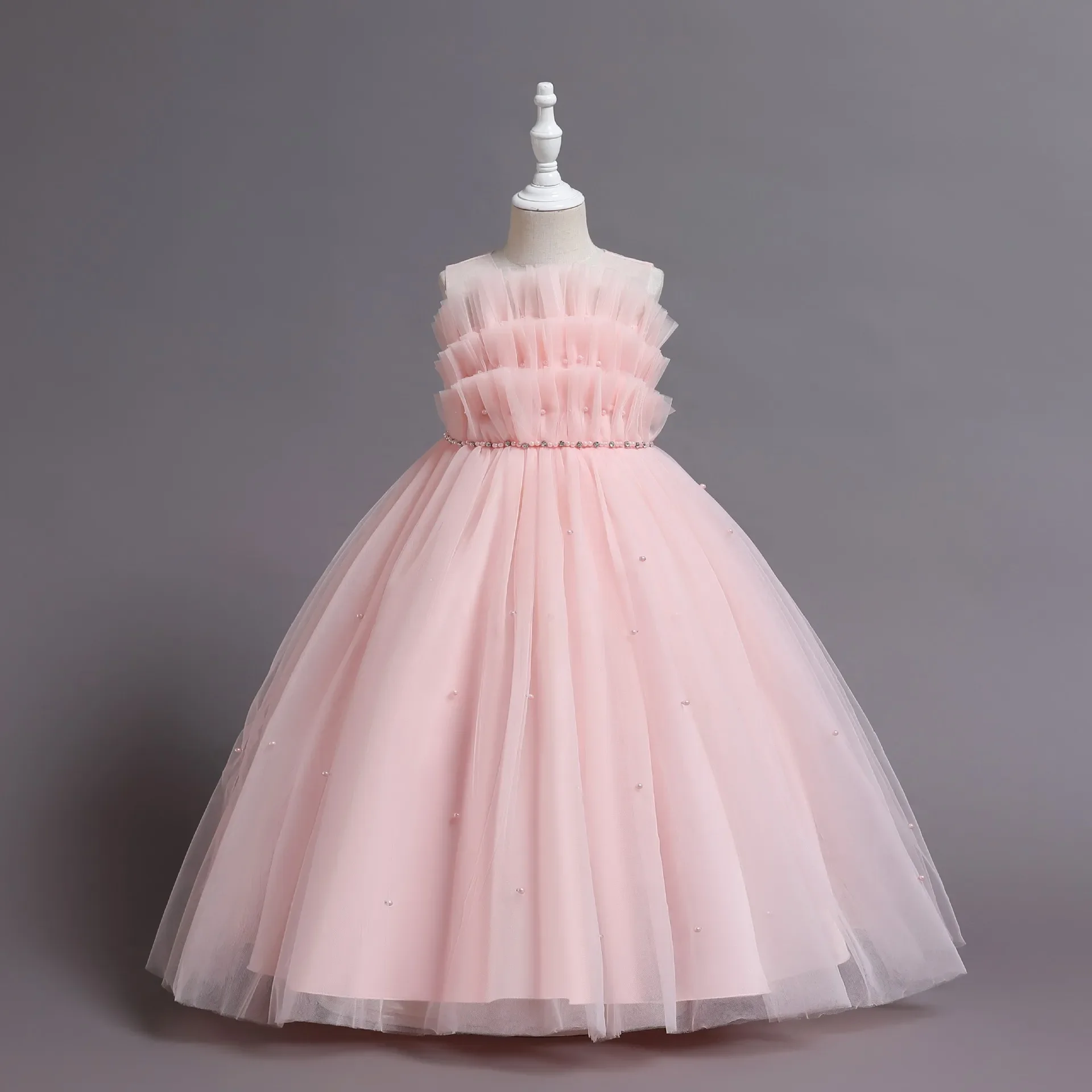 Vestido de Princesa Longo Feminino com Cinto de Pérolas, Roupa Infantil, Vestido de Baile, Elegante, Festa, Casamento, Natal, 3-12Y