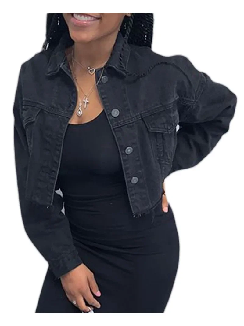 Džínová krátká bunda pro ženy s dlouhým rukávem a klopou, dámská jarní a podzimní bunda s knoflíky a zkráceným lemem - náhled 4