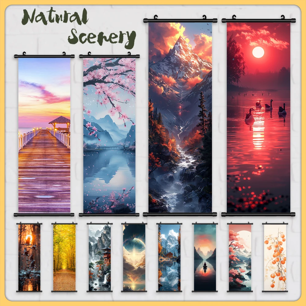 1pc Canvas Forest Lakes Poster Wall Art Anime Print Natural Scenery Hanging Scrolls Painting Cartoon Home Decor Modular Picture