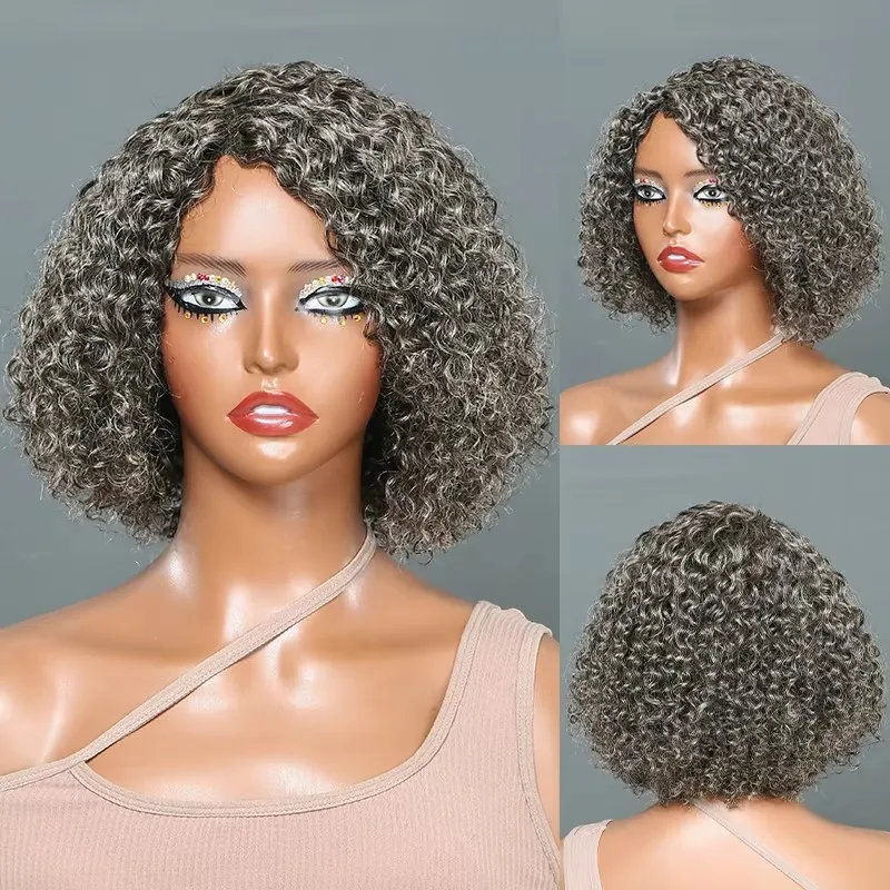 Zout- en peperpruiken 100% echt haar grijze haarkant diepe golf krullende bobpruik HD transparant kant grijze pruiken 12 inch voor vrouwen
