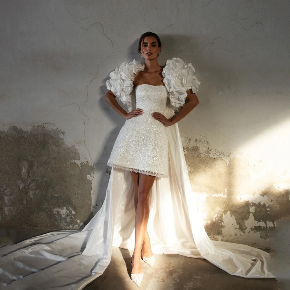 

Elegant Short Wedding Dresses With Shawl Strapless A-Line Flowers Beading Sequined A-Line Mini Sexy Bridal Gown Customized