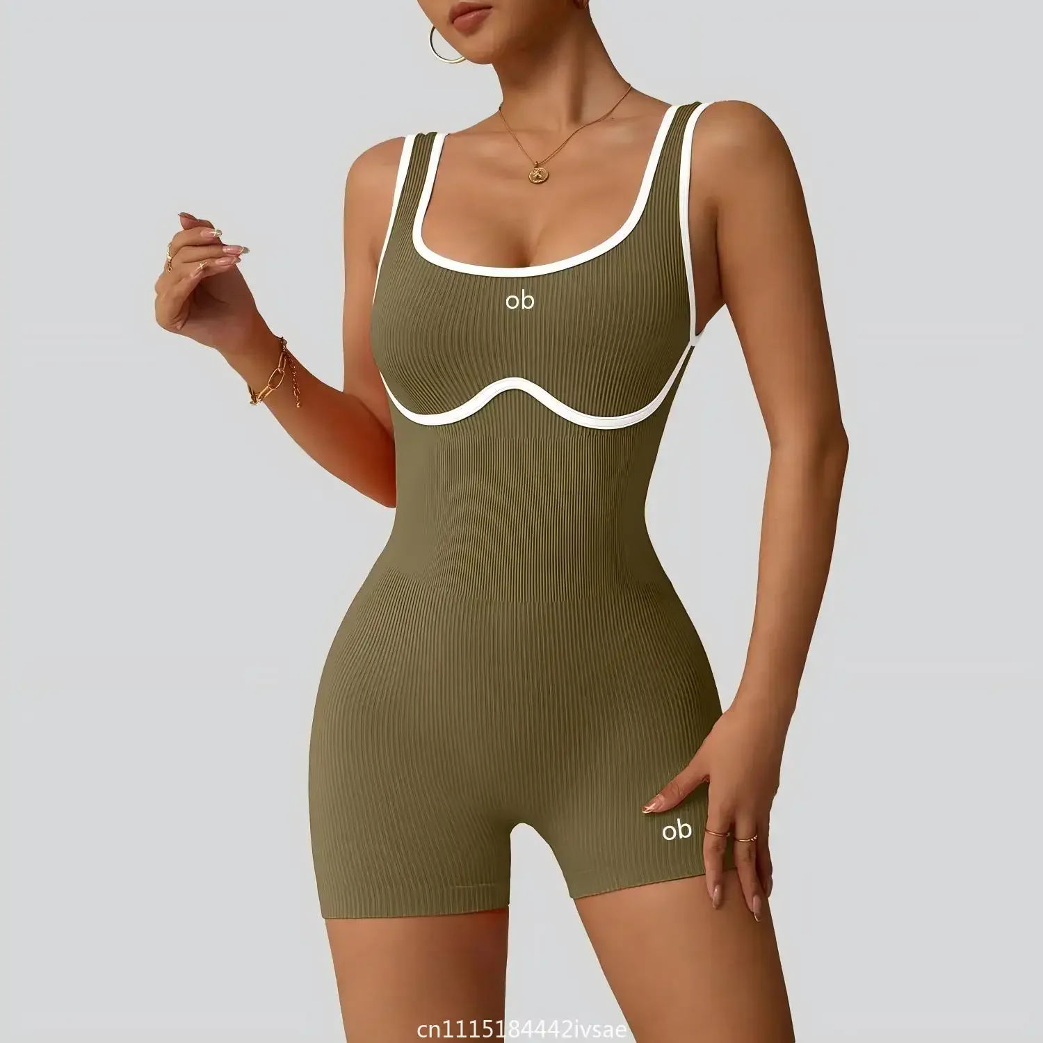 2026 New Yoga Suit Dance Tight-Fitting Women's Ribbed Model Seamless Set-Piece One-Piece Running Fitness Suit Color-Contrasting