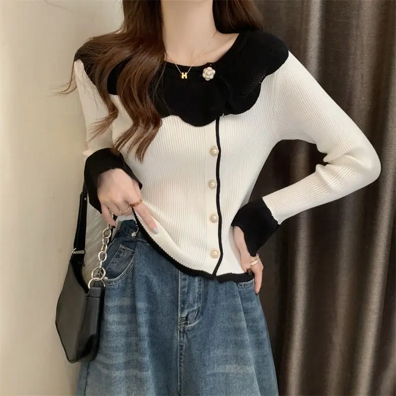 Women Spring Autumn Simplicity Temperament A Celebrity Button Solid Color Knitting Femme Appear Thin Slim Long Sleeve Pullovers