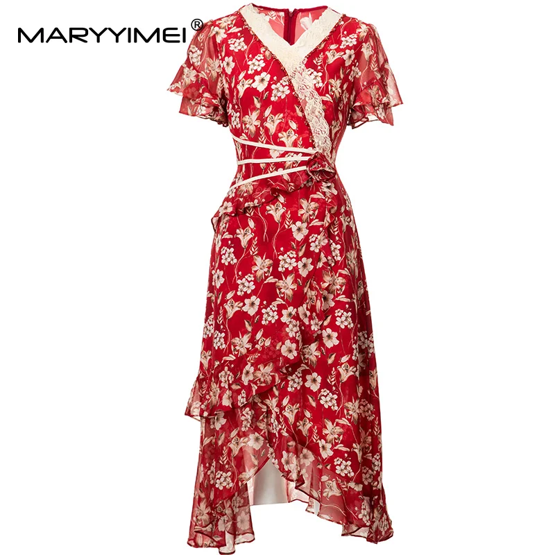 

MARYYIMEI Fashion design Women's Ball Gown Dress V-Neck Lace Splicing Butterfly sleeve High waist Fungus Asymmetrical Dresses