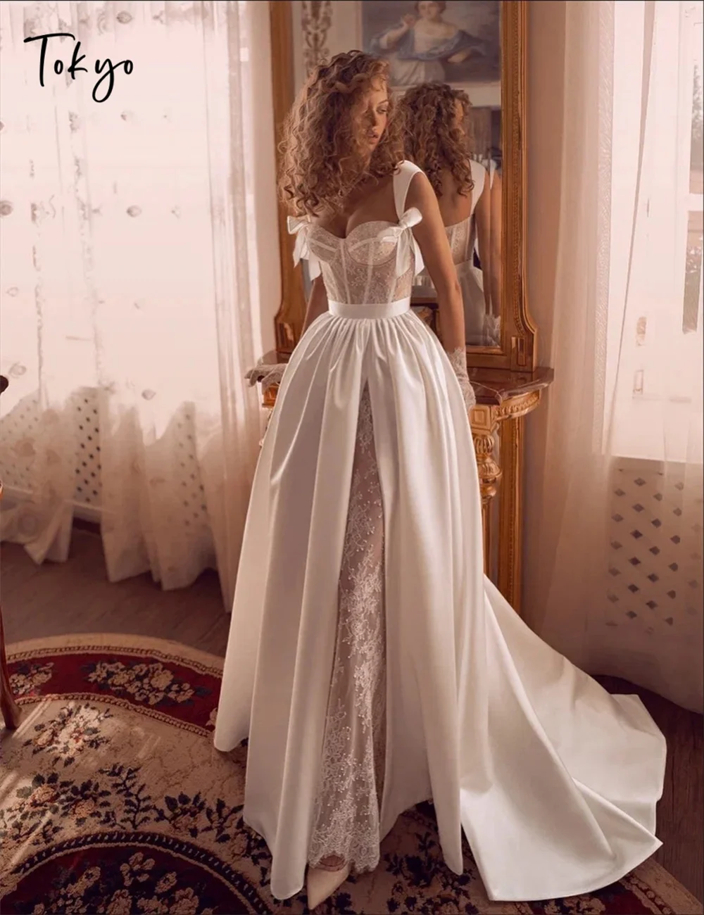 Токио, элегантные свадебные платья с бантом на бретельках, без рукавов, на молнии сбоку, с высоким разрезом, свадебные платья, 2025 г., белые свадебные платья трапециевидной формы