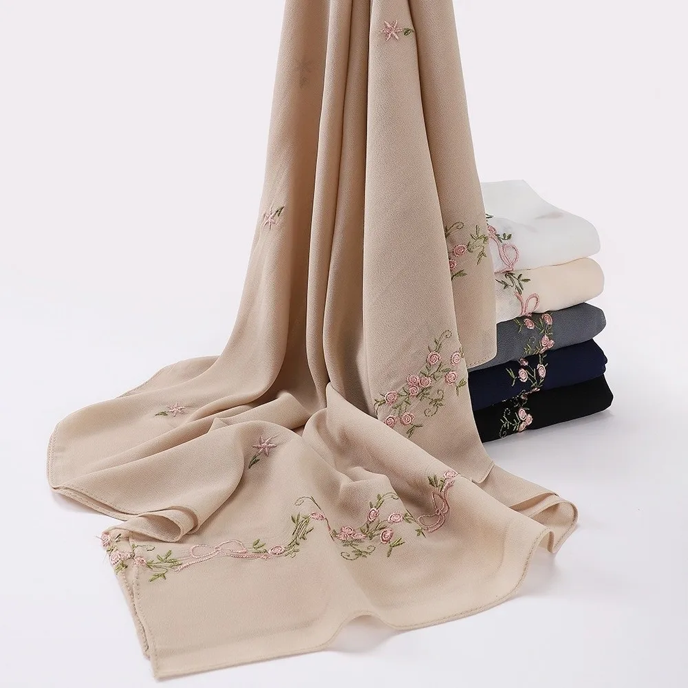 

Breathable Solid Color Floral Headscarf Mesh Thin Embroidery Long Scarf Ethnic Style Muslim Headscarf Women